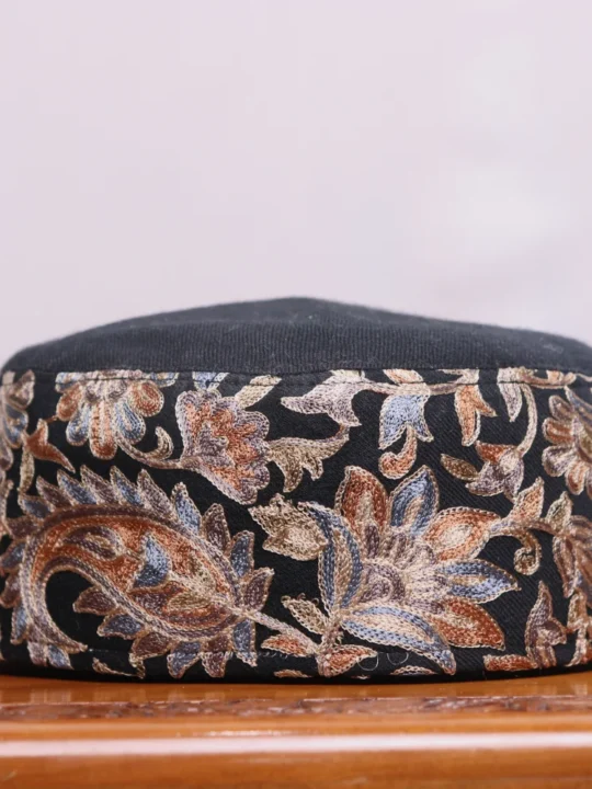 Sitar Bagh Black Aari Embroidered Toosha Cap from Kashmir Valley