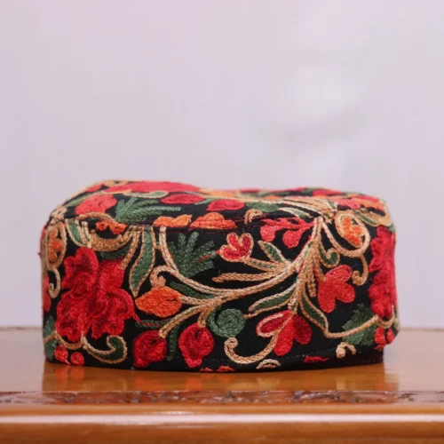 Black Peerzain Traditional Kashmiri Toosha Cap with Red Aari Embroidery