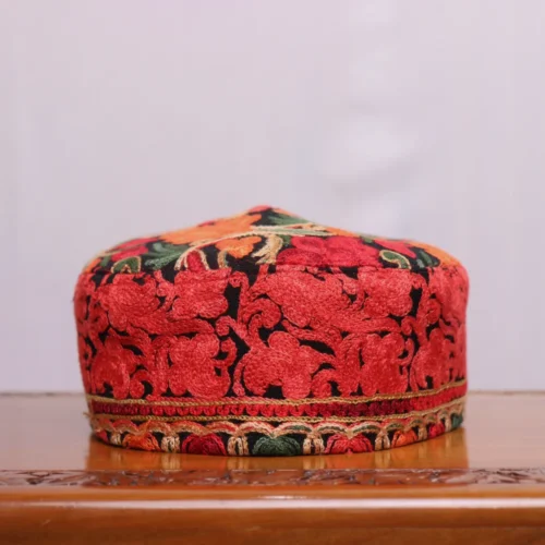 Black Naqas-i-Bahar Toosha Cap with Red Kashmiri Aari Embroidery