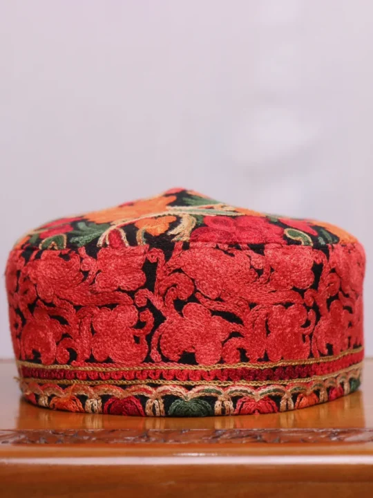 Black Naqas-i-Bahar Toosha Cap with Red Kashmiri Aari Embroidery