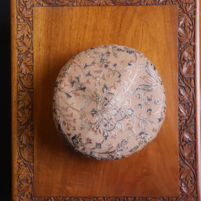 Chont-i-Khaas Beige Aari Worked Cap in Kashmiri Toosha Fabric - Image 3