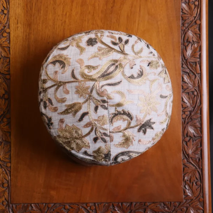 Roshan Kul Soft Toosha Creamy Cap with Kashmiri Aari Embroidery - Image 3