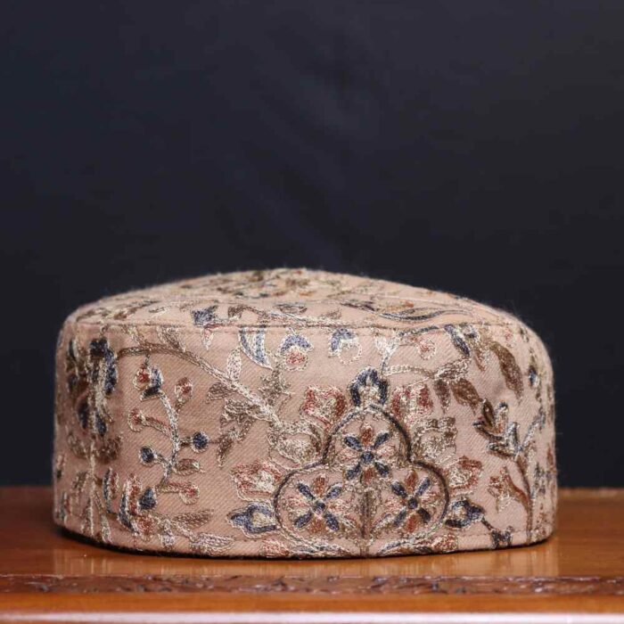 Chont-i-Khaas Beige Aari Worked Cap in Kashmiri Toosha Fabric
