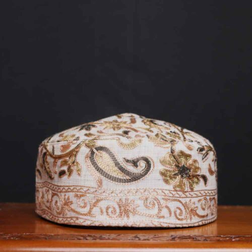 Roshan Kul Soft Toosha Creamy Cap with Kashmiri Aari Embroidery