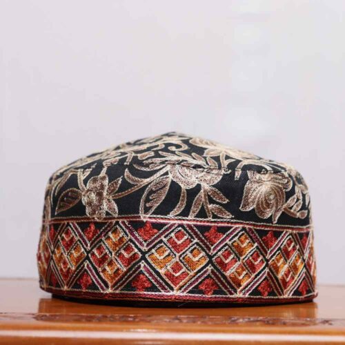 Black Rangwar Toosha Cap Adorned with Kashmiri Aari Craft