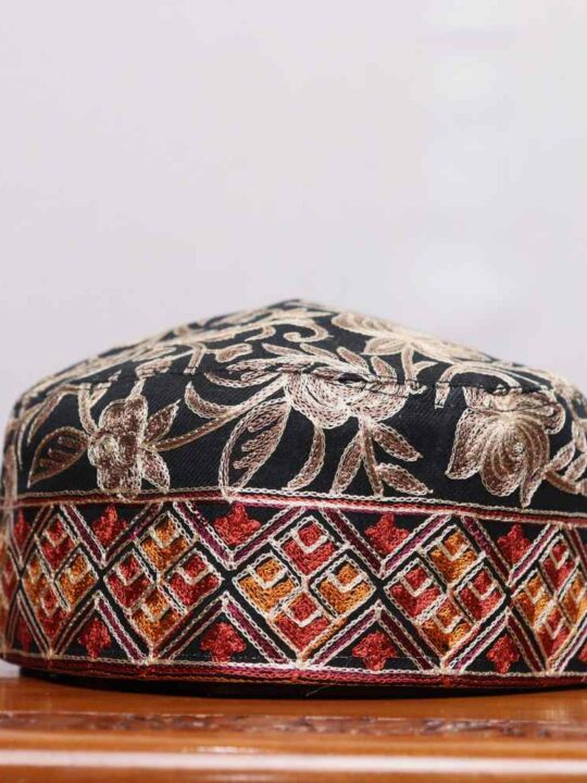 Rangwar Black  Toosha Cap Adorned with Kashmiri Aari Craft