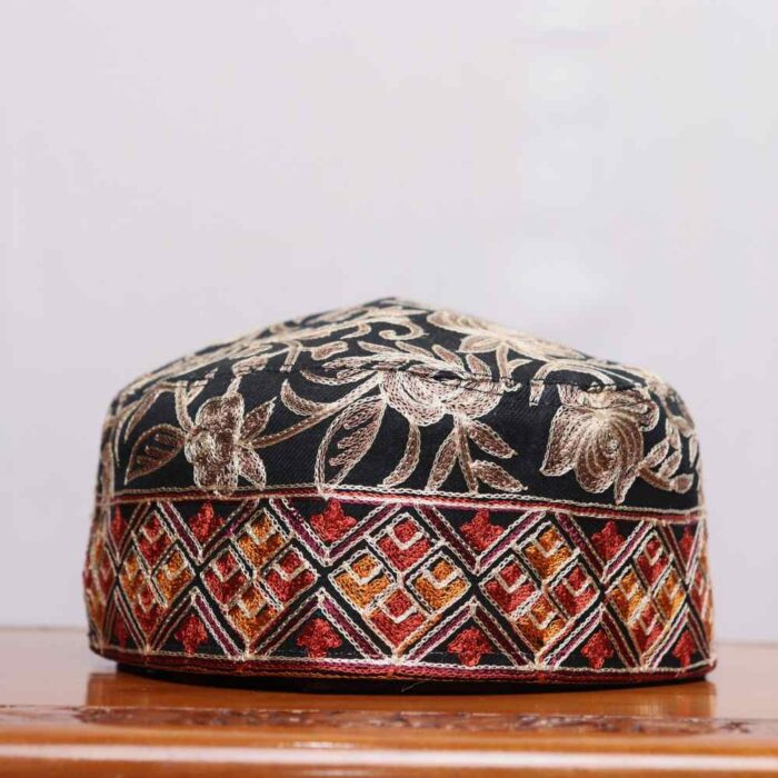 Rangwar Black  Toosha Cap Adorned with Kashmiri Aari Craft