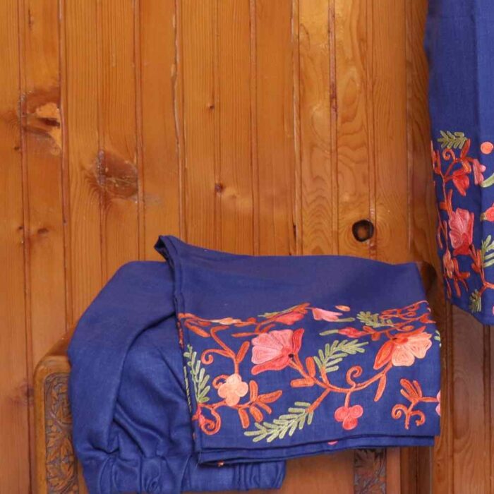 Kashmiri Ruby Cotton Blue Co-ord Set with Heavy Aari Work on Sleeves and Damaan | Pahalgam Collection - Image 4