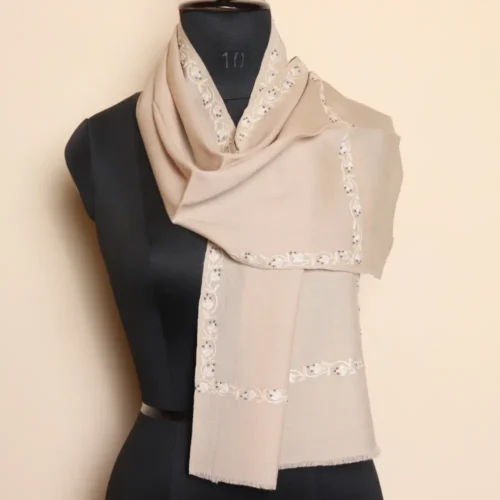 Elegant Kashmiri 64 Count Creamy Muffler with Hand Aari Embroidery