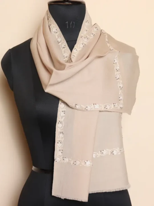 Elegant Kashmiri 64 Count Creamy Muffler with Hand Aari Embroidery