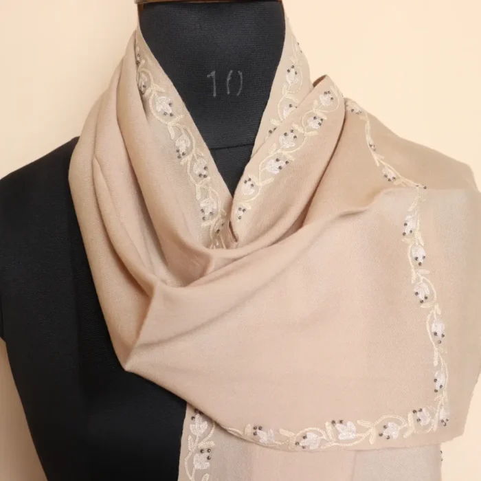 Elegant Kashmiri 64 Count Creamy Muffler with Hand Aari Embroidery - Image 2