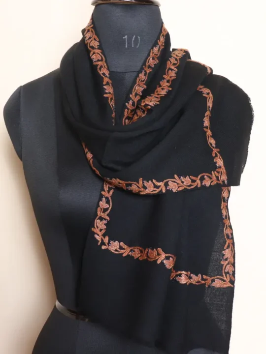 Kashmiri Black hand-Aari Embroidered 64 Count Muffler