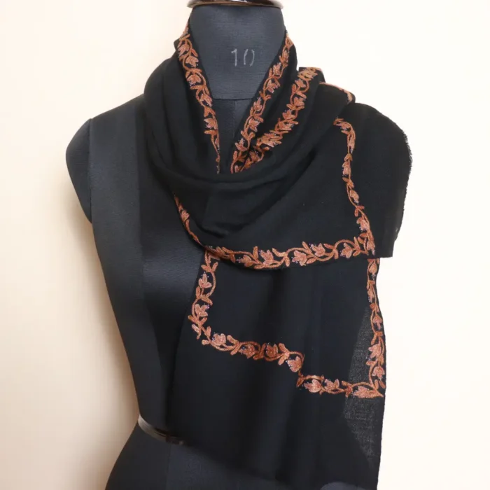 Kashmiri Black hand-Aari Embroidered 64 Count Muffler