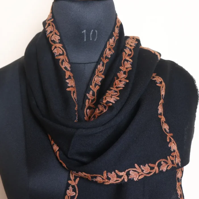 Kashmiri Black hand-Aari Embroidered 64 Count Muffler - Image 2