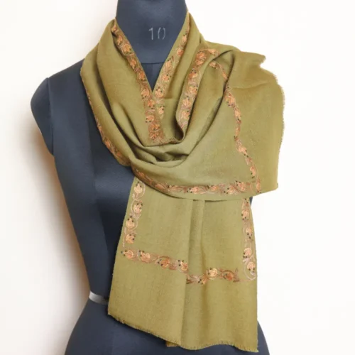 Olive Green 64 Count Muffler with Hand Aari from Srinagar