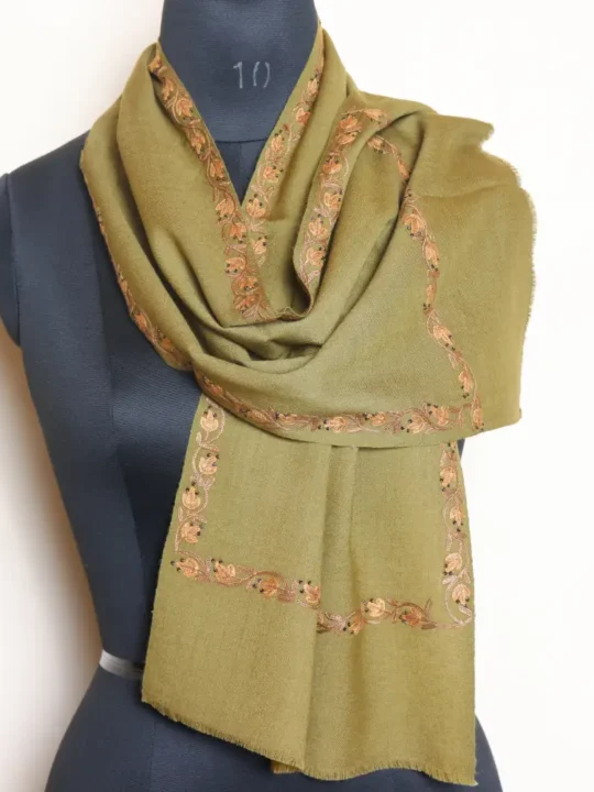 Olive Green 64 Count Muffler with Hand Aari from Srinagar