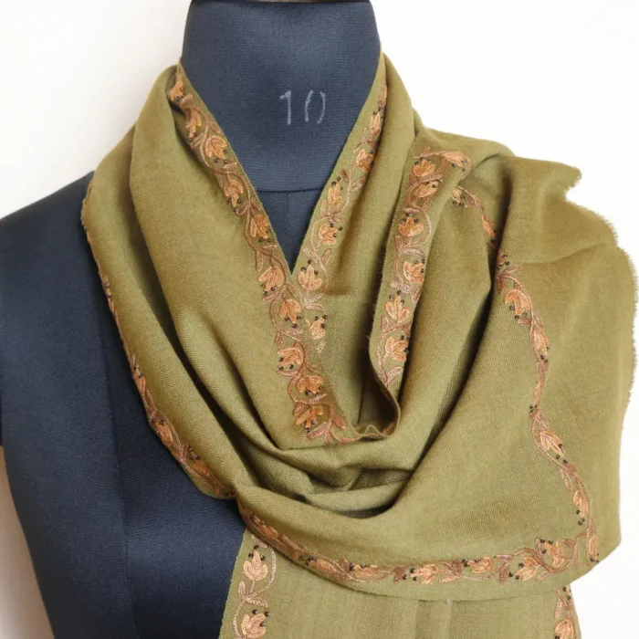 Olive Green 64 Count Muffler with Hand Aari from Srinagar - Image 2