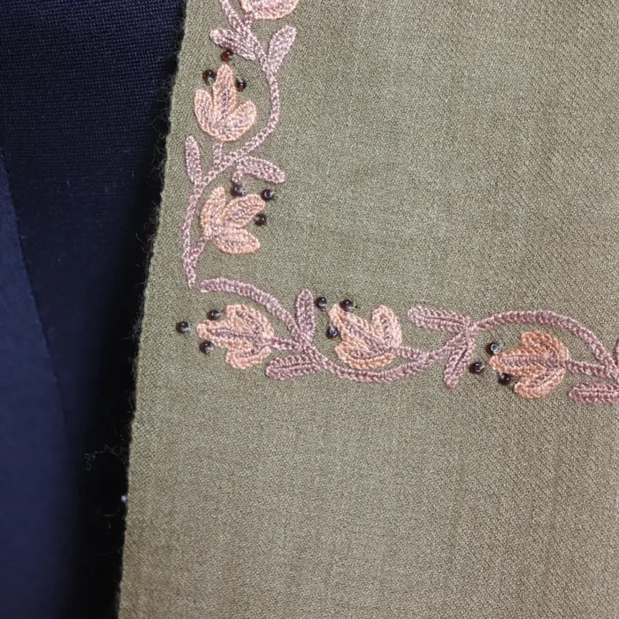 Olive Green 64 Count Muffler with Hand Aari from Srinagar - Image 3