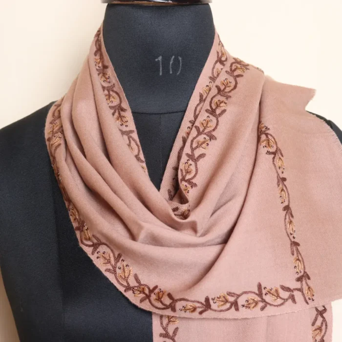 Kashmiri Light Beige Muffler in 64 Count with Hand Aari Detailing - Image 2