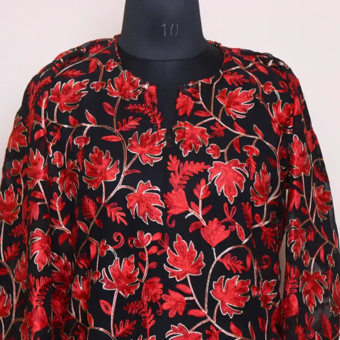 Black Chinar Front Back Aari Work Kashmiri Short Kurti - Lal Bazaar Collection - Image 2