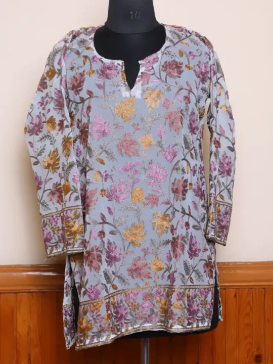 Chinar Front Back Aari Work Kashmiri Grey Short Kurti - Lal Bazaar Collection