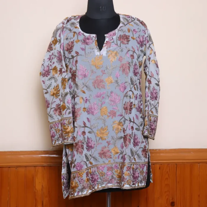 Chinar Front Back Aari Work Kashmiri Grey Short Kurti - Lal Bazaar Collection