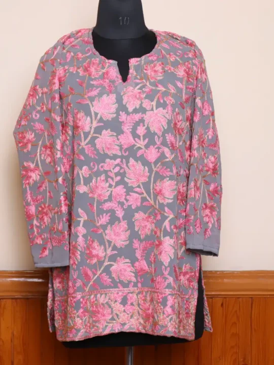 Grey Color Chinar Front Back Aari Work Kashmiri Short Kurti - Lal Bazaar Collection