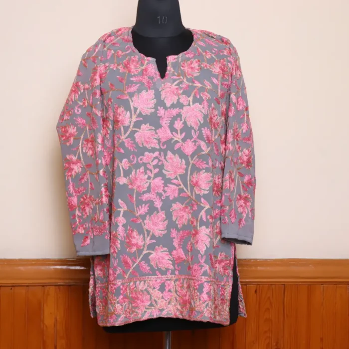 Grey Color Chinar Front Back Aari Work Kashmiri Short Kurti - Lal Bazaar Collection
