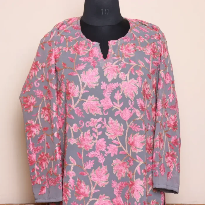 Grey Color Chinar Front Back Aari Work Kashmiri Short Kurti - Lal Bazaar Collection - Image 2