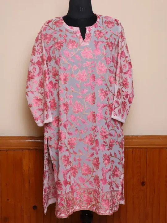Chinar Front Back Aari Work Pinkish Kashmiri Kurti - Lal Bazaar Collection