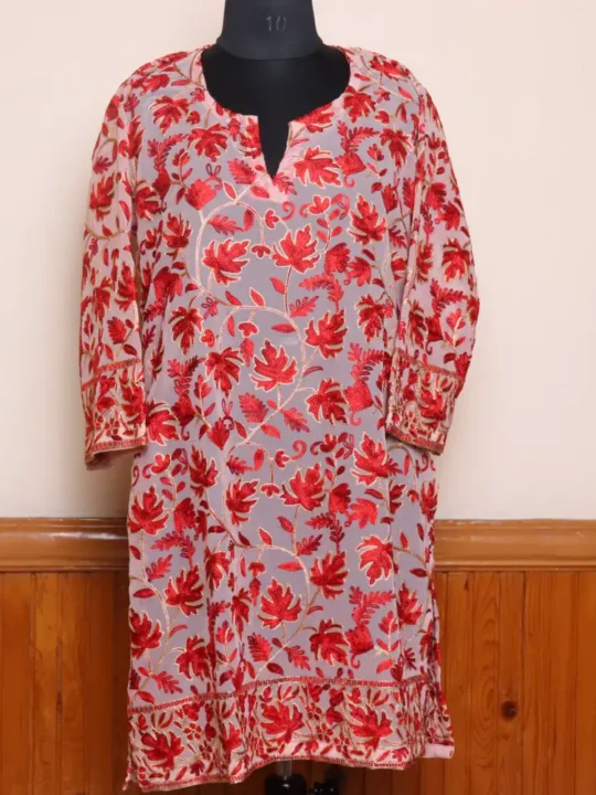 Red Chinar Front Back Aari Work Kashmiri Long Kurti - Lal Bazaar Collection