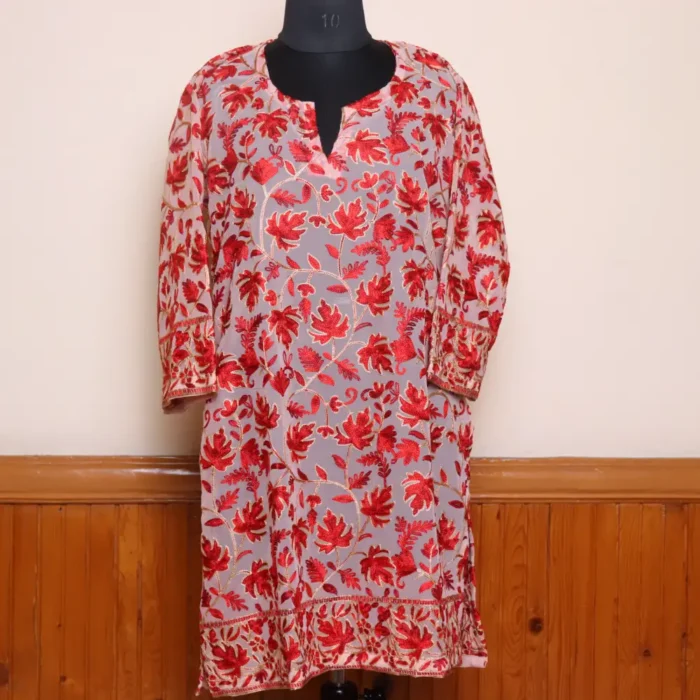 Red Chinar Front Back Aari Work Kashmiri Long Kurti - Lal Bazaar Collection
