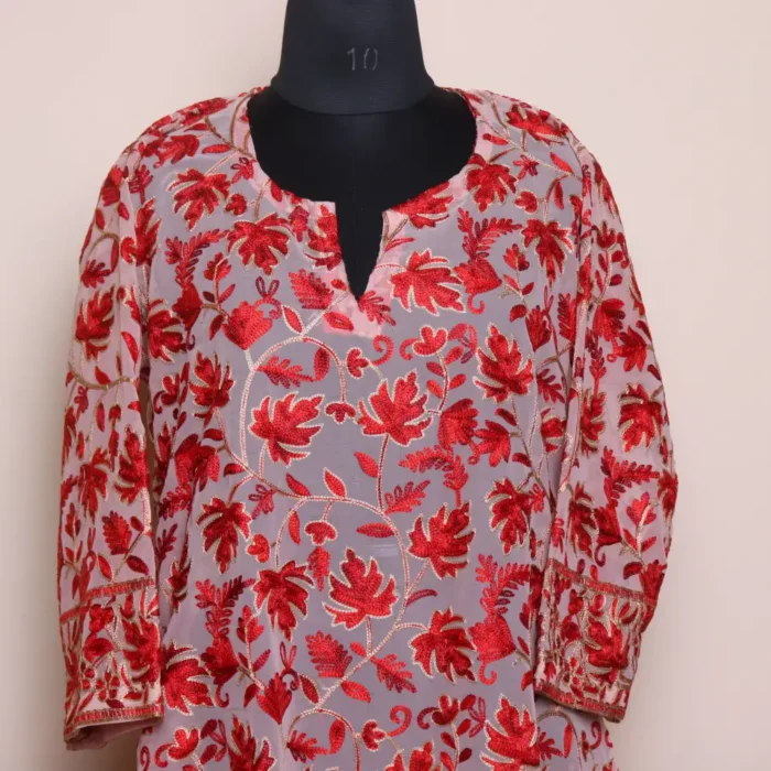 Red Chinar Front Back Aari Work Kashmiri Long Kurti - Lal Bazaar Collection - Image 2