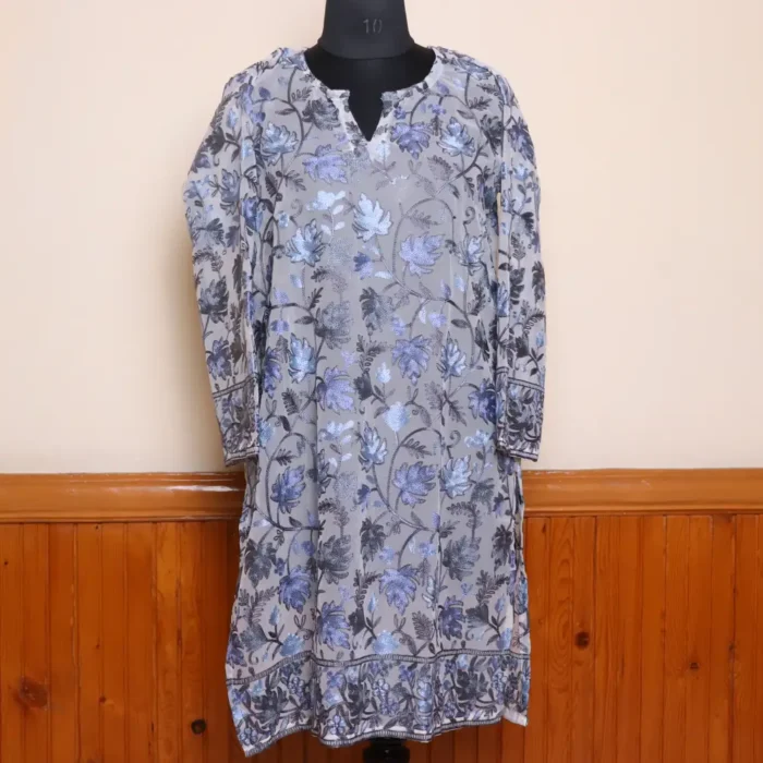 Grey Chinar Front Back Aari Work Long Kashmiri Kurti - Lal Bazaar Collection