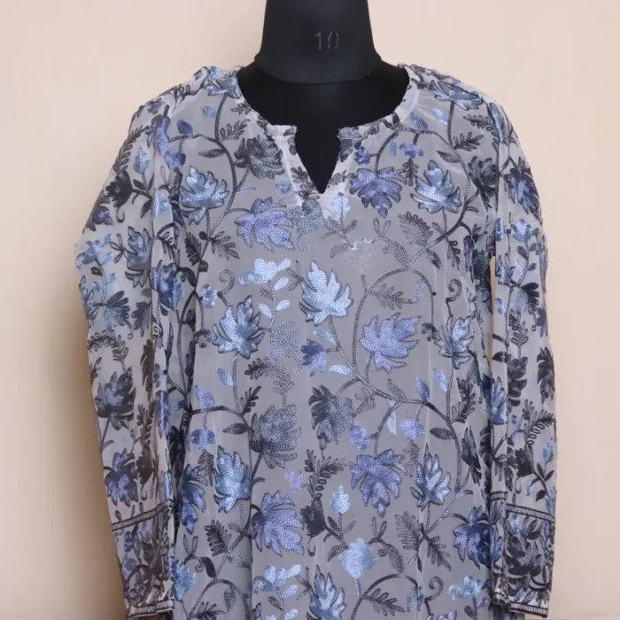 Grey Chinar Front Back Aari Work Long Kashmiri Kurti - Lal Bazaar Collection - Image 2