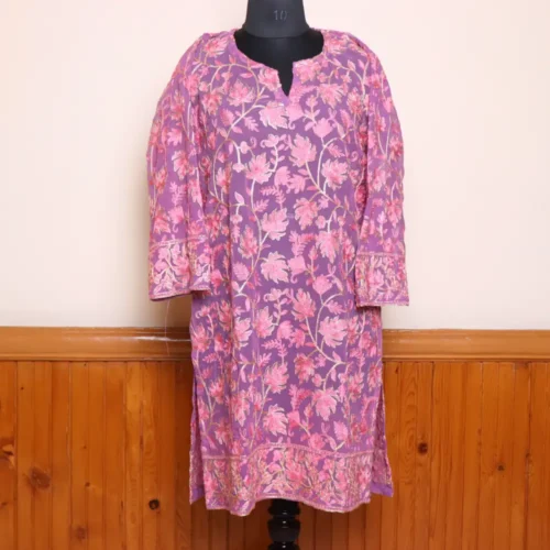 Pinkish Chinar Front Back Aari Work Kashmiri Long Kurti - Lal Bazaar Collection