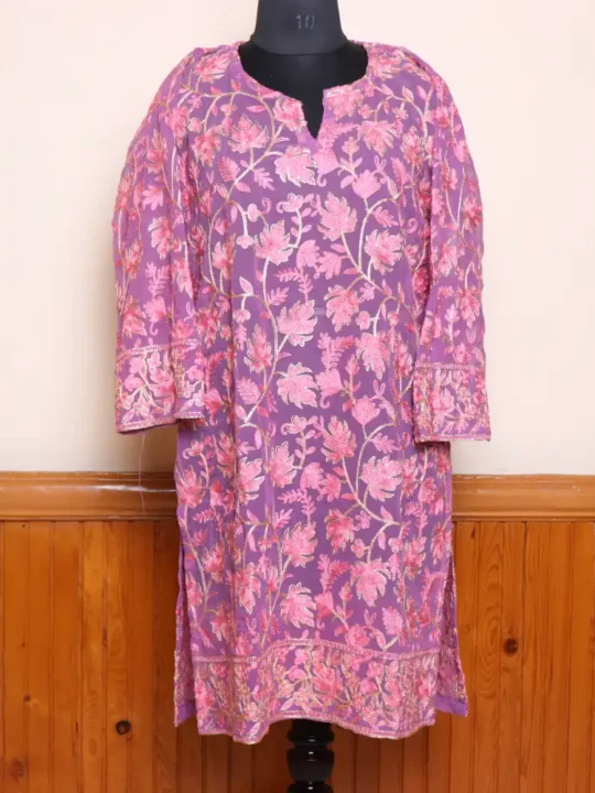 Pinkish Chinar Front Back Aari Work Kashmiri Long Kurti - Lal Bazaar Collection