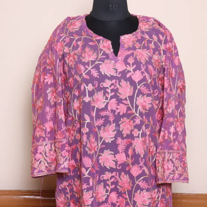 Pinkish Chinar Front Back Aari Work Kashmiri Long Kurti - Lal Bazaar Collection - Image 2
