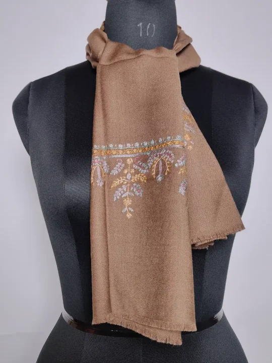 Kashmiri Beige Hand Sozni Embroidered Muffler in 64 Count Fabric