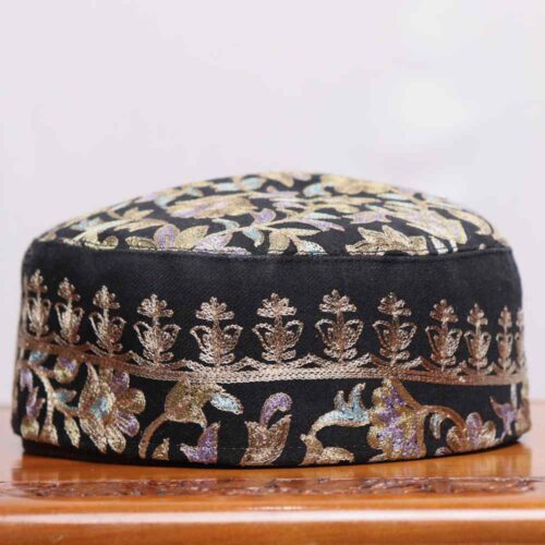 Black Boni-Chakal Toosha Cap with Traditional Aari Embroidery