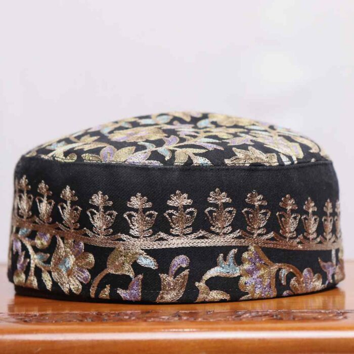 Black Boni-Chakal Toosha Cap with Traditional Aari Embroidery