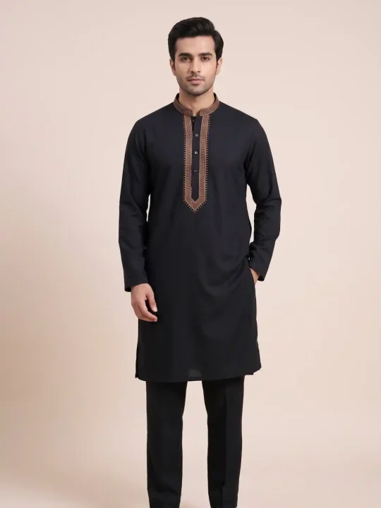 Black Cotton Kurta Pyjama for Men with Sozni Embroidery