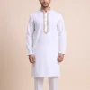 White Ruby Cotton Kashmiri Kurta Pyjama with Delicate Hand Sozni Embroidery