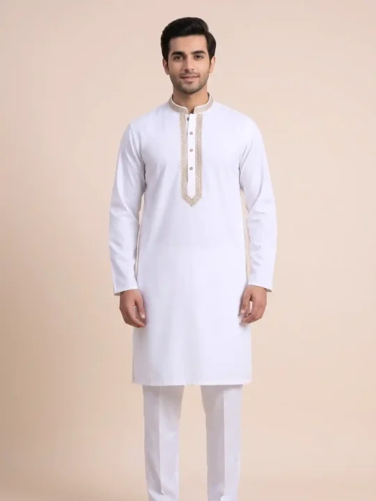 White Ruby Cotton Kashmiri Kurta Pyjama with Delicate Hand Sozni Embroidery