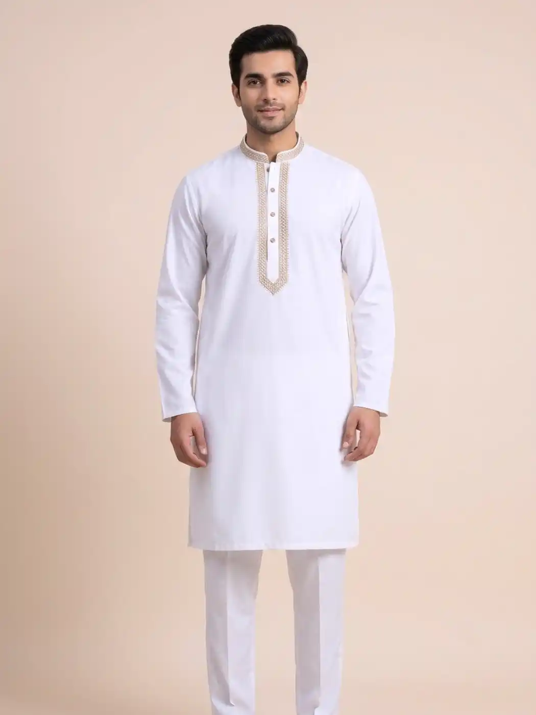 White Ruby Cotton Kashmiri Kurta Pyjama with Delicate Hand Sozni Embroidery
