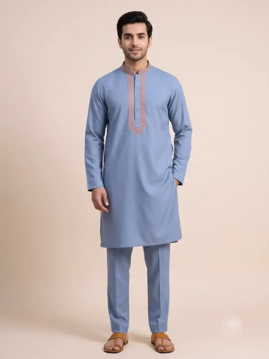 Kashmiri Blue Ruby Cotton Kurta Pyjama with Traditional Sozni Hand Embroidery