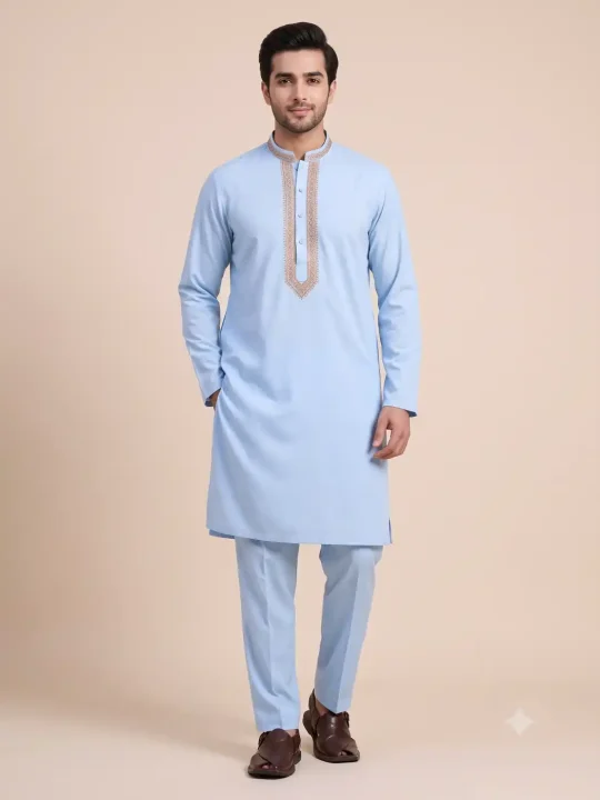 Blue Ruby Cotton Kurta Pyjama with Authentic Kashmiri Sozni Hand Embroidery