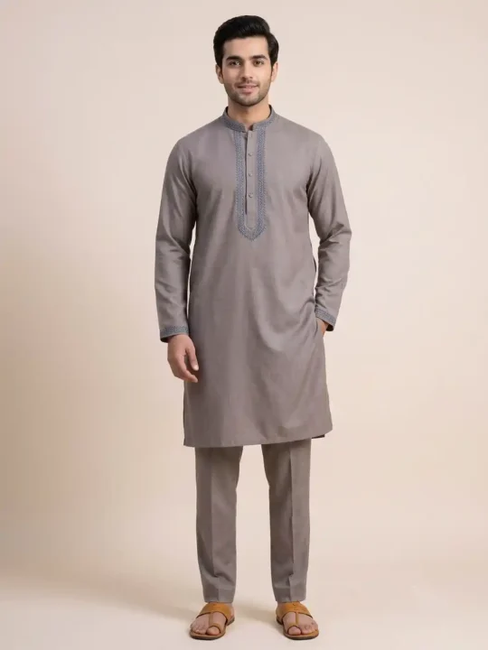 Dark Grey Sozni Embroidered Kurta Pyjama in Ruby Cotton – Unstitched or Stitched