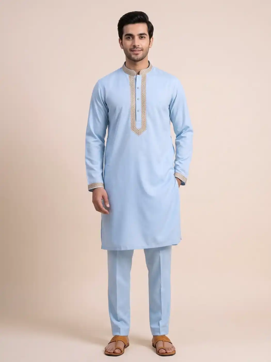 Ruby Cotton Men’s Kurta Pyjama Fabric with Hand Sozni Work – Kashmiri Look