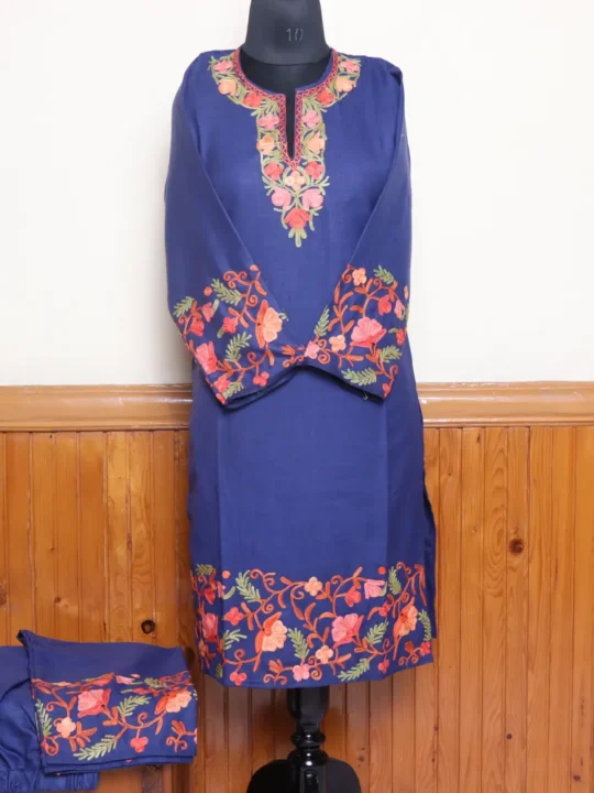 Kashmiri Ruby Cotton Blue Co-ord Set with Heavy Aari Work on Sleeves and Damaan | Pahalgam Collection